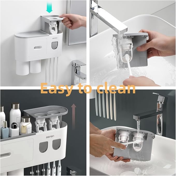 No-Drill Wall Mounted Toothbrush Holder, Bathroom Shelf, with Automatic Toothpaste Dispensers 6 Brush Hooks Magnetic Cups 1 Cosmetic Drawer Organizer and Large Storage (2 Dispensers 4 Cups)