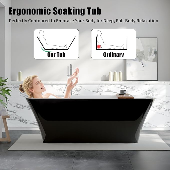 Freestanding Bathtub – 59 Inch Acrylic Soaking Bathtub, Black & White Free Standing Tub with Integrated Overflow & Pre-Installed Drain, Modern Freestanding Tub for Relaxing Home Bathrooms