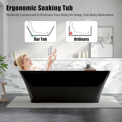 67 Inch Freestanding Acrylic Bathtub, Modern Black Soaking Tub with Chrome Overflow & Drain, CUPC Certified, Deep Soaking Design for Luxurious Spa Experience, Contemporary Bathroom Centerpiece