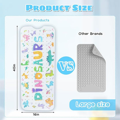 Baby Bath Mat for Tub Non Slip Kids Bathtub Mat Extra Long 40X16 Inch Toddler Bath Tub Shower Mat Anti Slip with Suction Cups & Drain Holes, Machine Washable (Dino Letters)