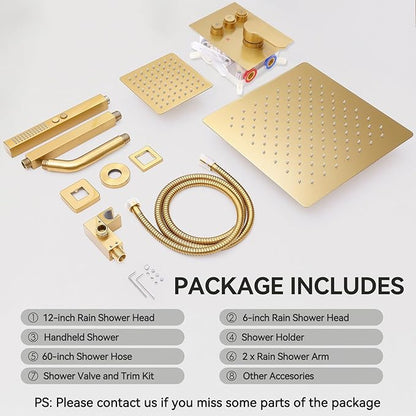 Shower Systems with Rain Shower and Handheld,STARBATH Dual Head 12+6" Rainfall Shower Can Run All Together, Ceiling Mount Shower Faucet Set with Pressure Balance Valve and Trim Kit, Brushed Gold