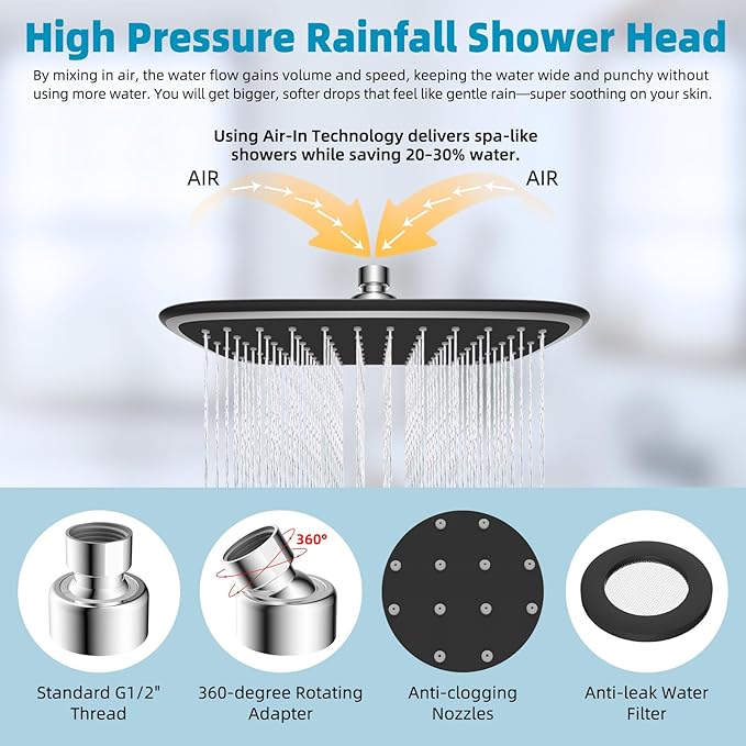 Rain Shower Head with 12" Shower Head Extension Arm, 10" High Pressure Boosting Rainfall/Fixed Showerhead 2.5 GPM, Metal Shower Head Extender Adjustable Height Angle, Easy 1-Min Installation, Chrome