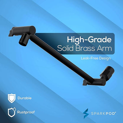 SparkPod Round Rain Shower Head with Shower Head Extension Arm - High Pressure Rain - Luxury Modern Look - No Hassle Tool-less 1-Min Installation (11" Shower Arm Extension, Midnight Black Matte)