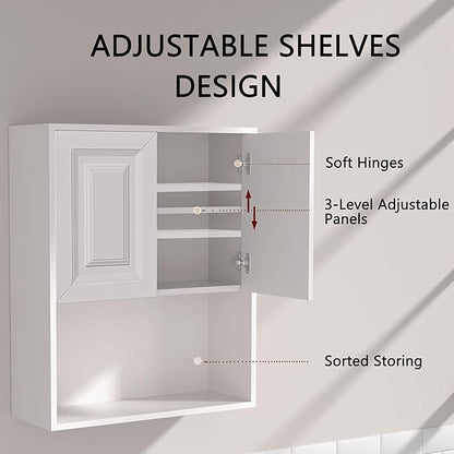 Bathroom Wall Cabinet Wooden with 2 Doors,Over the Toilet Storage Cabinet,Bathroom and Laundry Wall Mount Storage Medicine Cabinet with Open and Adjustable Shelf,Easy Assembly (Style B-2 PC, White)