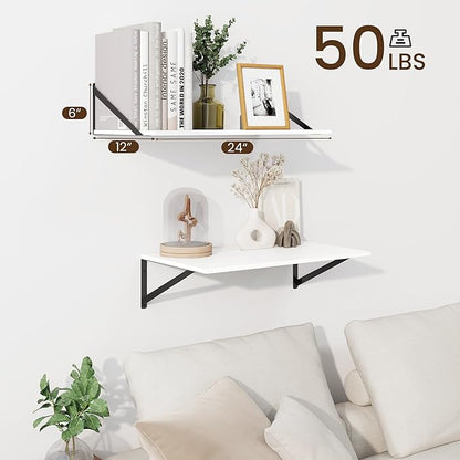 Fun Memories Floating Shelves for Wall, 12 Inch Deep Floating Shelves Set of 2, 24W x 12D Large Wall Shelf with Sturdy Metal Brackets for Living Room, Bathroom, Bedroom and Kitchen, White