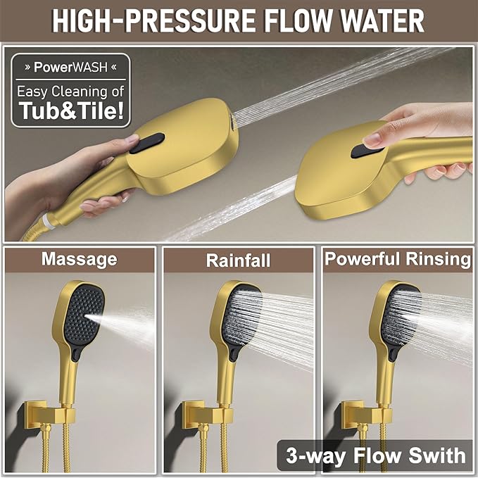 Shower Faucet Set Brushed Gold Shower System, Push Button Diverter 3-Way Shower Valve Kit, Wall Mount 12 Inch Overhead Shower Head with 6 Inch Side Spray Shower Head, 4 Modes Flow Handheld Shower