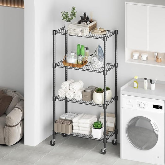 Himimi 72" H Wire Shelving Unit Storage, Metal Storage Shelves with Wheels, Heavy Duty Shelves with 4-Tier Adjustable Layer Rack Strong Steel for Kitchen Pantry Basement, 14" D×30" W×72" H, Black