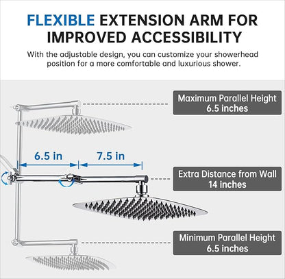 G-Promise All Metal 14 Inches Rainfall Shower Head with Handheld Spray Combo, 3 Settings Diverter, Adjustable Extension Arm with Lock Joints, 71 Inches Stainless Steel Hose (Chrome)