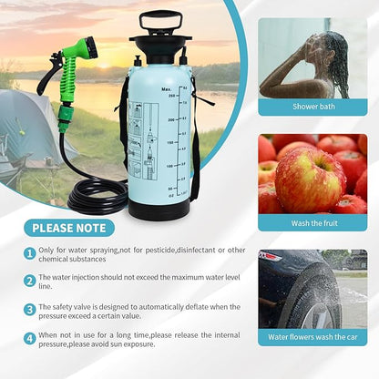 Portable Shower Blue 8L with 7 Spray Modes, Hand Press with Removable Hose and Shower Head