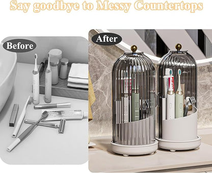 Toothbrush Holders with Cover, Drainage Rotating Electric Toothbrush Organizer, 3 Slots Tooth Brush Holder for Bathroom Counter, Grey White