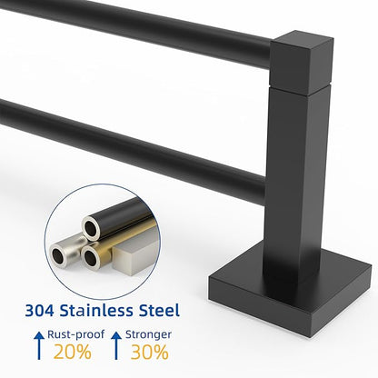 RUACQ Double Towel Bar, 24 Inch Bath Towel Rack for Bathroom, Square Base Hand Towel Holder, 304 Stainless Steel Towel Hanger Wall Mounted,Heavy Duty(Matte Black)