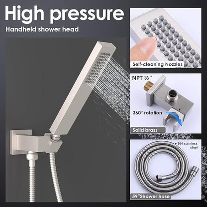 Enga 10 Inch + Dual 6-Inch Rain Shower System, Four Modes Diverter Shower Faucet with Handheld, Luxury Rain Mixer Shower Combo Set, Brushed Nickel
