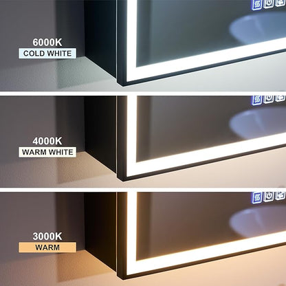 WELLFOR 36" X 30" LED Mirrored Medicine Cabinet, Medicine Cabinets with Lights for Bathroom, Defogging Function Mirror Cabinet, Bathroom Medicine Cabinet with USB Port & Outlet, Double Doors