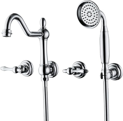 SUMERAIN Vintage Wall Mounted Bathtub Faucet with Hand Shower, High Flow Tub Filler Chrome Finish, Rough-in Valve Included