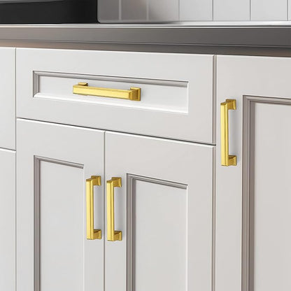 Ravinte Hardware 15 Pack Brushed Brass Cabinet Pulls, 3-3/4 Inch (96mm) Hole Center Zinc Alloy Drawer Handles for Kitchen Cabinets, Cupboards, Dressers, Square Solid Metal Hardware