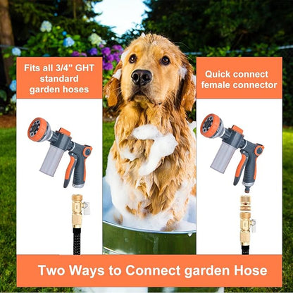 Dog Washing Hose Attachment, 8-in-1 Sprayer Hose Nozzle with Soap Dispenser for Dog Showering, Watering Flowers, Car Washing (With Brush and Lint Remover)