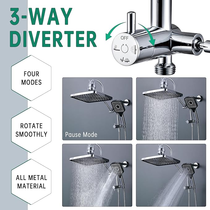 13 Inch Filtered Rainfall Shower Head with Multi-Function Handheld Sprayer Combo, 3-Way Metal Extended Diverter with Holder and Metal Adjustable Curved Shower Extension Arm, Extra Long Hose Chrome