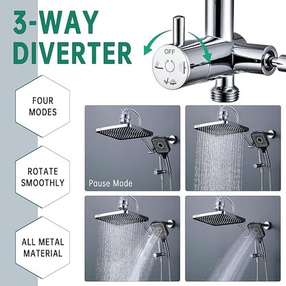 13 Inch Filtered Rainfall Shower Head with Multi-Function Handheld Sprayer Combo, 3-Way Metal Extended Diverter with Holder and Metal Adjustable Curved Shower Extension Arm, Extra Long Hose Chrome