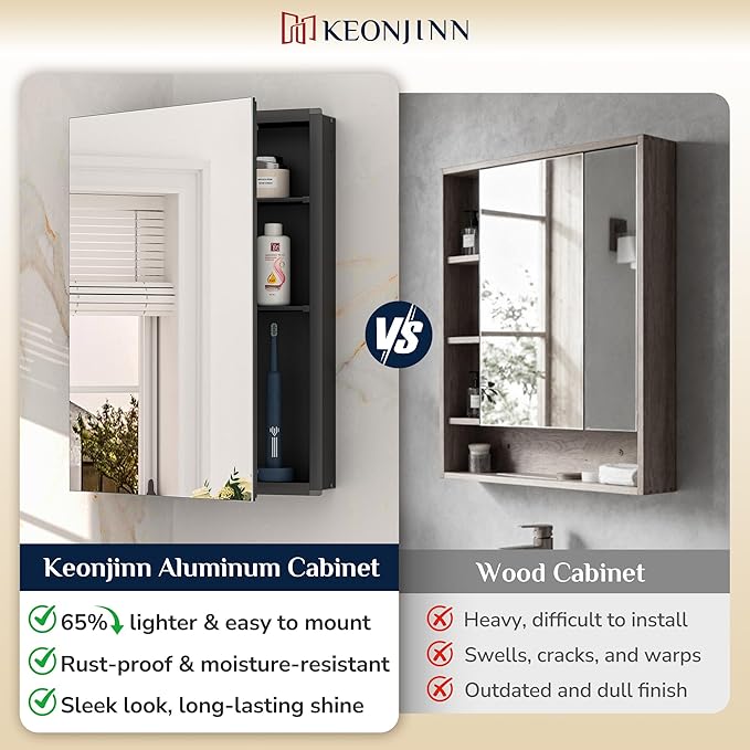 Keonjinn 60 x 32 Inch Medicine Cabinet, Assembly Required, Black Bathroom Medicine Cabinets Mirror, Lightweight, Adjustable Shelves, Surface Mount or Recessed, Tempered Glass