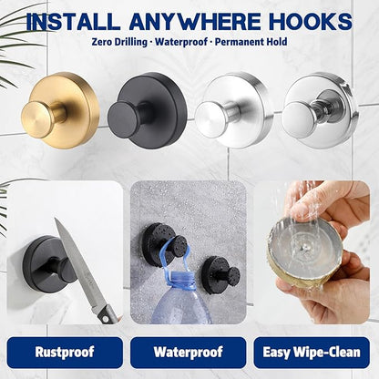 Removable & Reusable Suction Cup Hooks for Shower, Heavy Duty No-Drill Cup Hooks for Towels, Robes, Loofah–Wreath Hangers for Front Doors,Doors & Smooth Surfaces (Gold, 4 Pack)