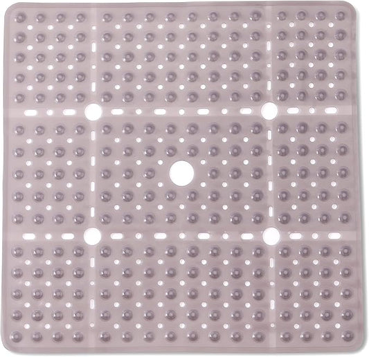 ENKOSI Large 27 x 27 inch Square Non-Slip Shower Mat - Anti Slip Shower Stall Mat for Elderly and Young - Durable Shower Mat with Strong Secure Suction Cups and Drain Holes (27x27 Clear Grey)