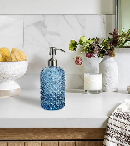 JASAI 18Oz Gem Patterned Glass Soap Dispenser for Kitchen, Refillable Hand soap Dispenser with Rust Proof Stainless Steel Pump, Clear Soap Dispenser Bathroom for Dish Soap, Hand soap, Lotion(Blue)