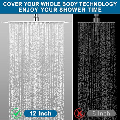 POP SANITARYWARE 12 Inch Shower Head with Adjustable Extension Arm, Stainless Steel Rainfall Showerhead with Shower Arm Extender, Waterfall fixed Showerheads, Chrome