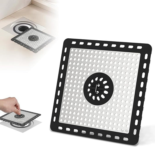 Hibbent Upgraded Shower Drain Hair Catcher, Shower Drain Cover for Bathroom Floor 6" Drain, Anti-Clogging Bathtub Drain Strainer, Stainless Steel Kitchen Sink Drain Strainer with Handle, Black