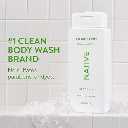 Native Body Wash Contains Naturally Derived Ingredients | For Women & Men, Sulfate, Paraben, & Dye Free Leaving Skin Soft and Hydrated | Cucumber & Mint 18 oz