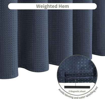Inhousolu Fabric Shower Curtain Waffle Weave, Navy Blue 230 GSM Heavy Duty, Weighted Hem, 14 Metal Hooks, Water Repellent, Machine Washable, Hotel Spa Luxury Bath Curtain Set, 72 x 96 Inch