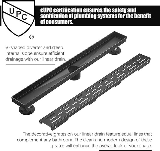 HEATGENE 12-Inch Linear Shower Drain in Matte Black - Stainless Steel Rectangular Shower Floor Drain - Removable Decorative Cover - Adjustable Leveling Feet - CUPC Certified