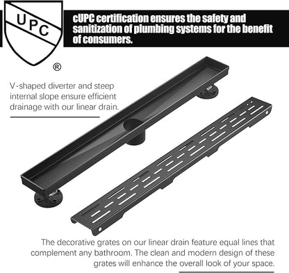 HEATGENE 36-Inch Linear Shower Drain in Matte Black - Stainless Steel Rectangular Shower Floor Drain - Removable Decorative Cover - Adjustable Leveling Feet - CUPC Certified
