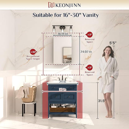 Keonjinn 16 x 24 Inch White Medicine Cabinet Mirror, Assembly Required, Modern Medicine Cabinets for Bathroom, Lightweight, Adjustable Shelves, HD Tempered Glass, Recessed or Surface Mount