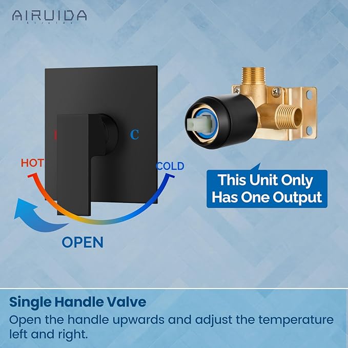 Airuida Square Single-Function Brass Faucet Shower Rough-in Valve Male Thread Bathroom Trim Kit Single Handle Tub Shower Valve 5.5 Inch Cover Plate Matte Black