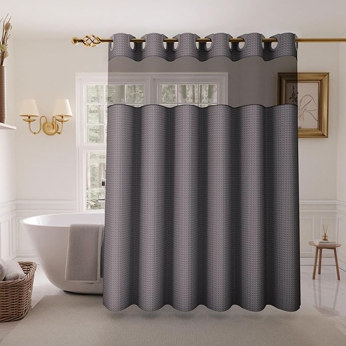 Inhousolu Long No Hook Shower Curtain with Snap in Fabric Liner Set Waffle Weave 230GSM Weighted Hem, Waterproof & Washable Bathroom Curtain Spa Luxury with Mesh Top Window 72"W x 78"L Graphite Grey
