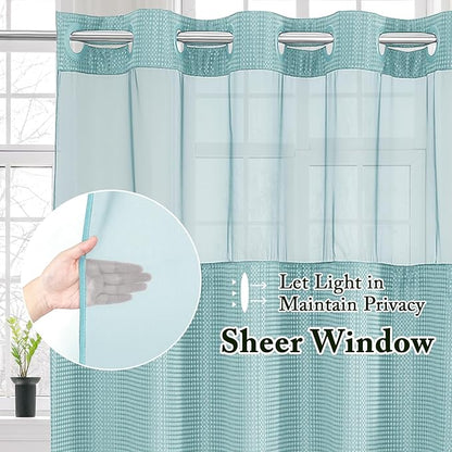 Gibelle No Hook Waffle Weave Shower Curtain with Snap-in Fabric Liner Set for Bathroom, Hotel Style with Mesh Top Window, Waterproof & Washable, Teal, 72x74
