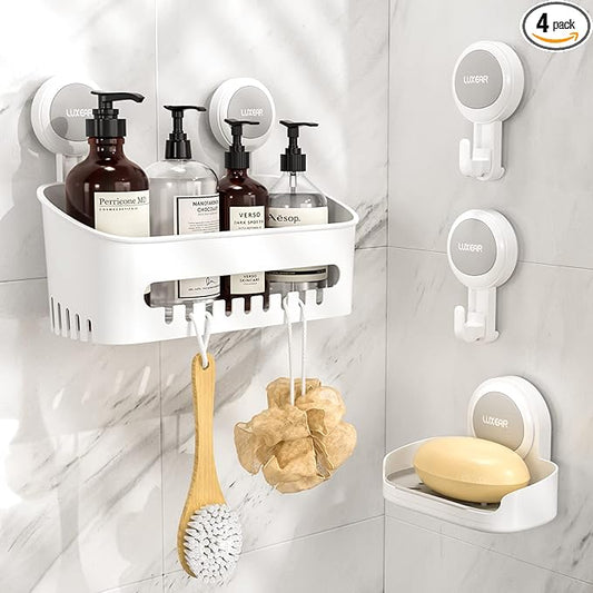 LUXEAR 4 Pack Shower Caddy Set - Suction Cup Shower Shelf+Soap Dish+Hooks - 1 Sec Installation NO-Drill Removable Powerful Waterproof Organizer