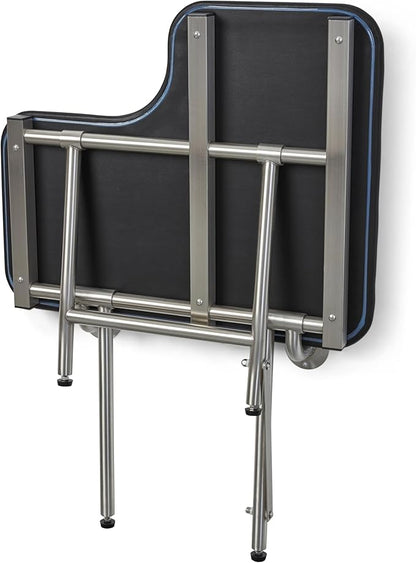 28" x 22.5" Black Padded Wall Mount Folding Left-Handed Transfer Bench Shower Seat with Legs, ADA Compliant