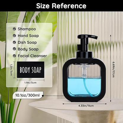 Segbeauty 10.1oz Black Foaming Soap Dispenser, 2pcs 300ml Square Refillable Dish Soap Foam Dispenser for Kitchen Cleaning, Empty Bathroom Shampoo Body Wash Foam Soap Pump Bottles with Pump Stickers
