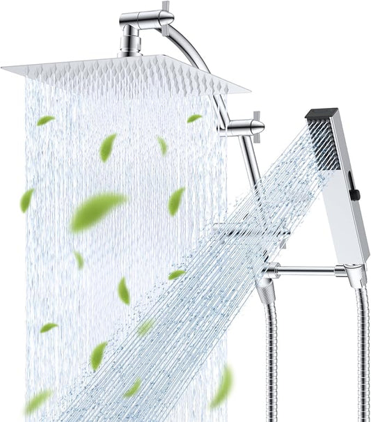 Hibbent All Metal CUPC Certified 8'' Rainfall Shower Head, Dual Shower Head Combo with 4 Handheld Sprays, High Pressure Shower Wand, 16'' Adjustable Extension Arm, 71'' Hose, Shower Holder, Chrome