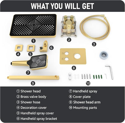Iriber Thermostatic Shower System Wall Mount with Adjustable Water Flow Push Button Diverter,13 Inch Gold Rectangle Rainfall Shower Head and Handheld,Brushed Gold
