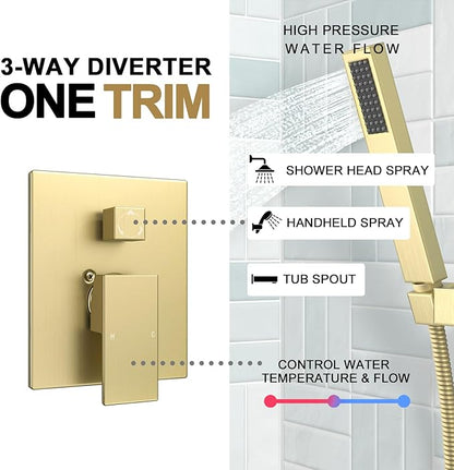 Lava Odoro Modern 3-Setting Square Shower and Tub Faucet Set with Shower Head and Handheld Sprayer Gold, Rainfall Shower System with Tub Spout, Shower Valve Trim Kit, Brushed Gold, SF103-SG-T