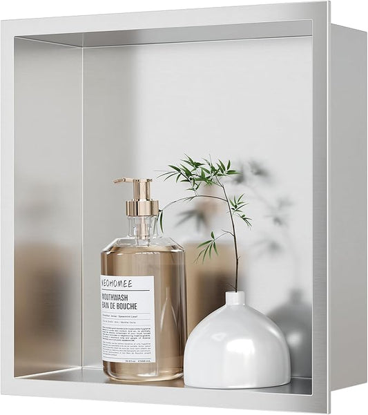 Neodrain Recessed Shower Niche, Bathroom Storage Cabinet Inner Size 12" X 12", Brushed Stainless Steel Bathroom Wall Niche Insert No Tile Needed for Shampoo