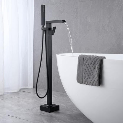 Waterfall Tub Filler Freestanding Bathtub Faucet Black Floor Mount Brass Single Handle Bathroom Faucets with Hand Shower