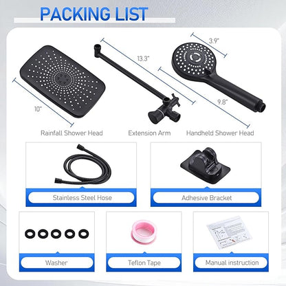 Wide Rain Shower Head With 5 Modes Handheld Showerheads, High Pressure Showerhead Combo with Extension Arm for Bathroom Accessories, Adjustable Shower Head with Anti-Clog Nozzles (Black)