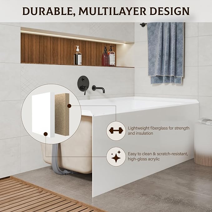 60x30 Inch Acrylic Drop-in Bathtub, Rectangular Soaking Tub with Integral Apron,Built-in Bathtub, Matte Drain and Overflow, Ergonomic Design, Easy Installation for Bathroom, Right Overflow and Drain