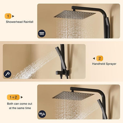 shower system with tub spout and 12 Inch Rain Shower Heads with Handheld Spray, Shower Faucet Set Dual Shower Heads with Handheld Spray Combo, Black Shower Head and Handle Set