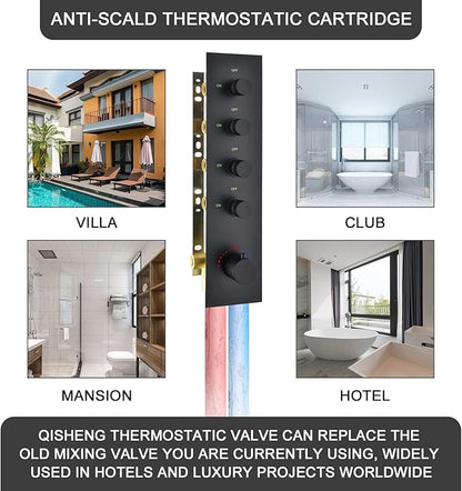 Brass Matte Black 4-Way Thermostatic Shower Diverter Valve - 4 Function Mixer with Individual On/Off Flow Control for Shower Arm & Kit