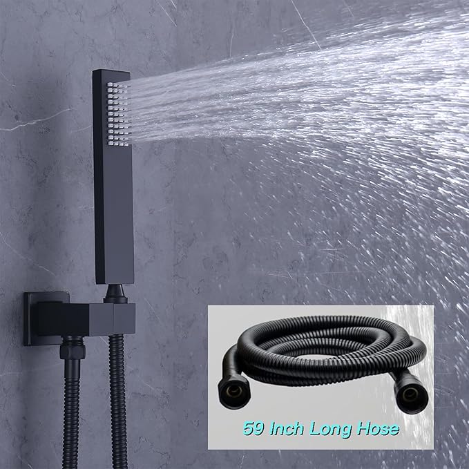 Shower Faucet Set Matte Black Shower System with 12 inch Ceiling Mounted Shower Head and Dual 8 inch Wall Mounted Shower Head, Digital Display Shower Fixtures with Handheld Spray