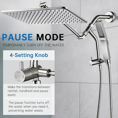 G-Promise All Metal 14 Inches Rain Shower Head with Handheld Built-in Power Wash Mode, 3-way Diverter with Pause Setting, 11 Inches Adjustable Extension Arm, Long Hose (Brushed Nickel, 14 Inches)